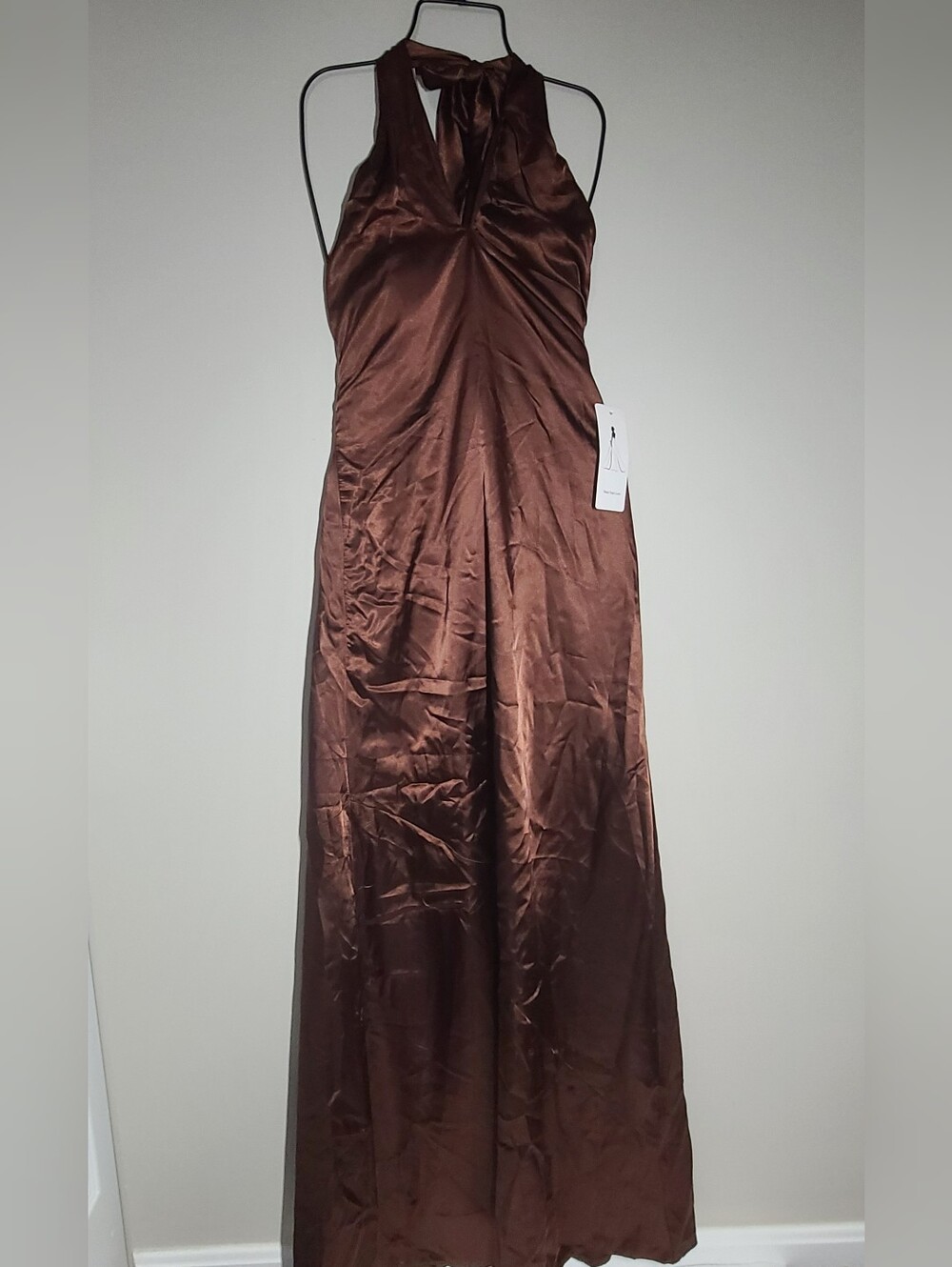Backless Brown Satin Maxi Halter Dress